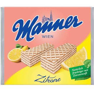 Packaging of Manner Wafers with lemon slices on a pink and yellow background